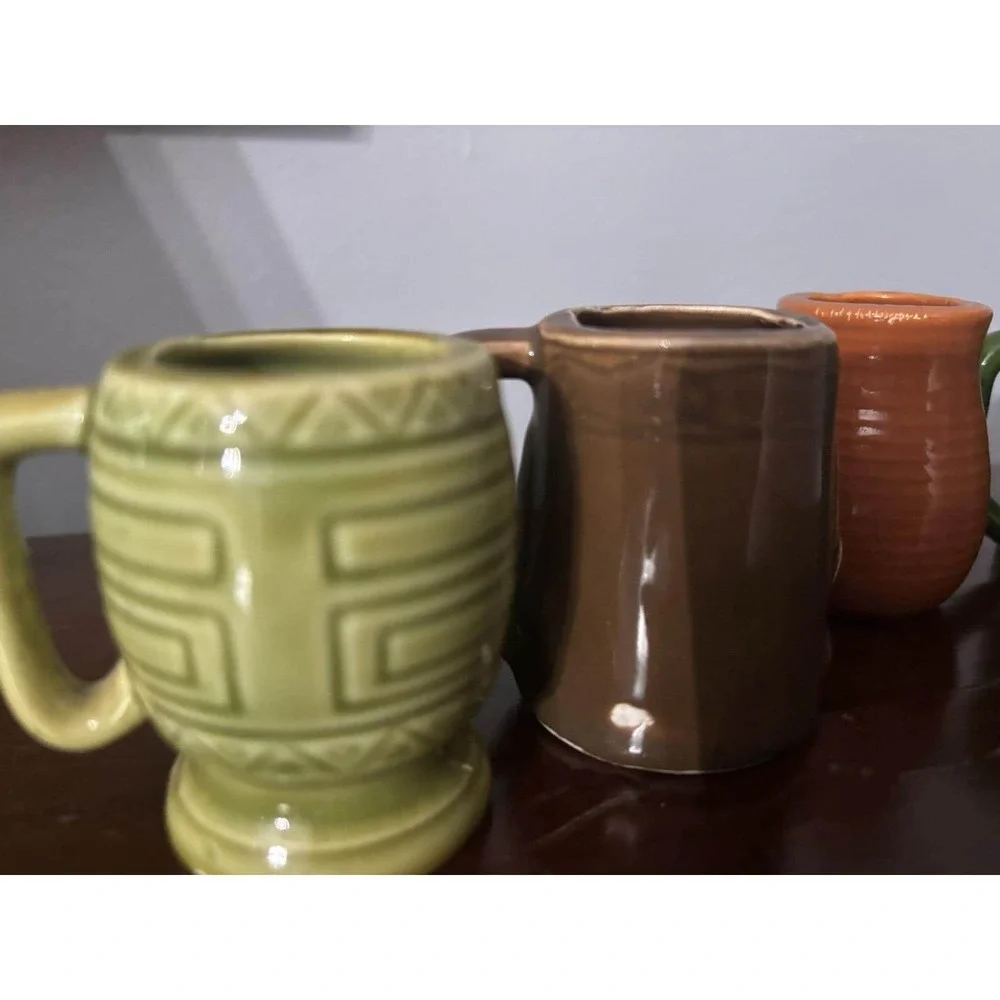 Vintage 4Pc Miniature Tiki Mask Face Mugs Shot Glasses Planters Holders